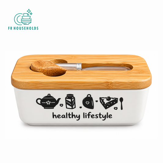 Ceramic Butter Dish with Wooden Lid & Spreader Knife