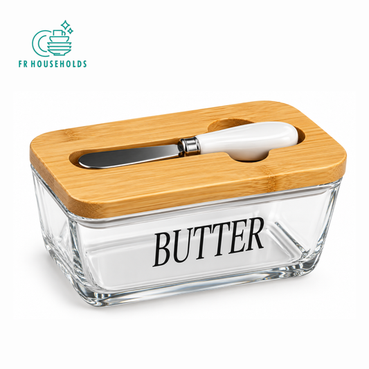 Glass Butter Dish with Wooden Lid and Knife