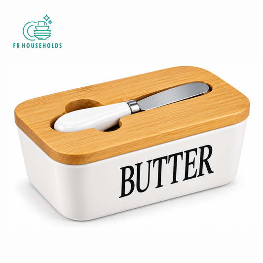 Ceramic Butter Dish with Wooden Lid and Butter Knife