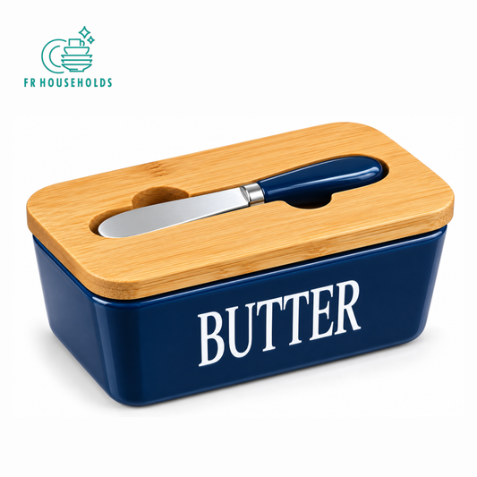 Ceramic Butter Dish with Wooden Lid and Butter Knife