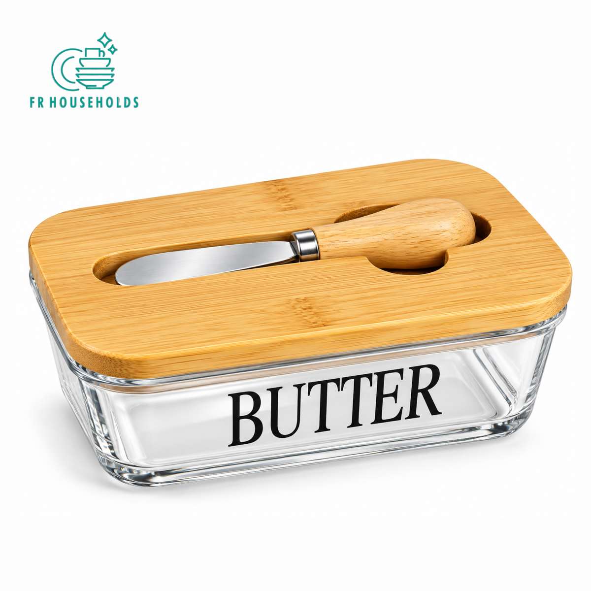 Glass Butter Dish with Wooden Lid and Knife – Rectangle Design