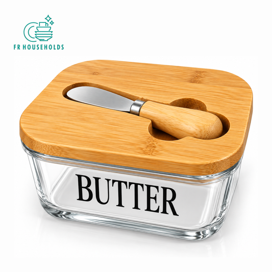 Glass Butter Dish with Wooden Lid and Knife – Square Design