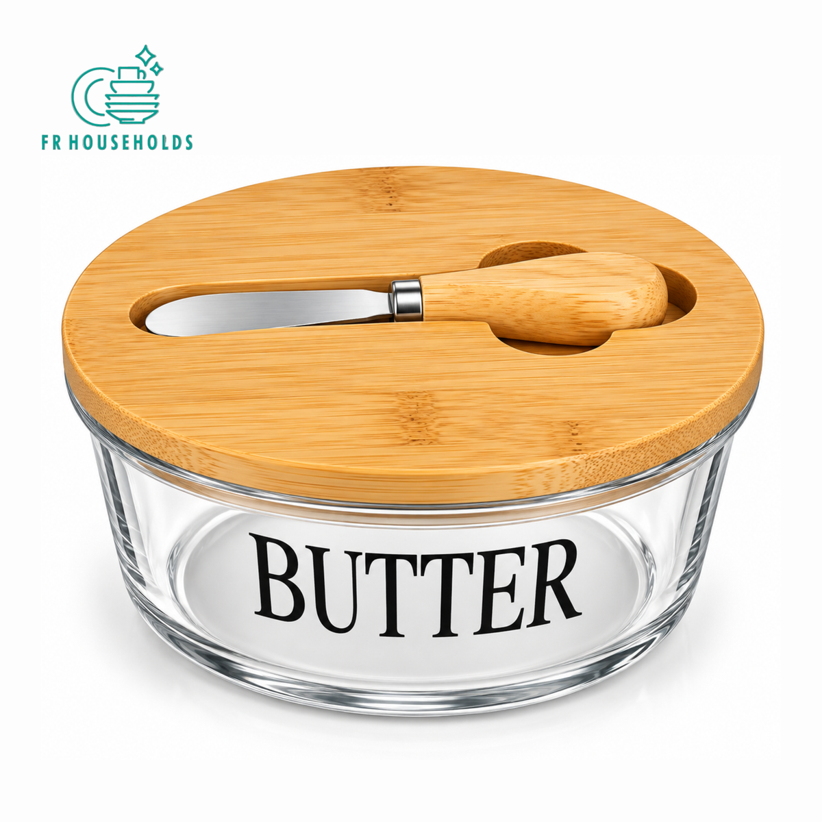 Glass Butter Dish with Bamboo Lid & Knife – Round Design