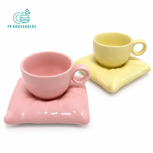 Ceramic Coffee Mug & Saucer Set with Pillow-Shaped Saucer
