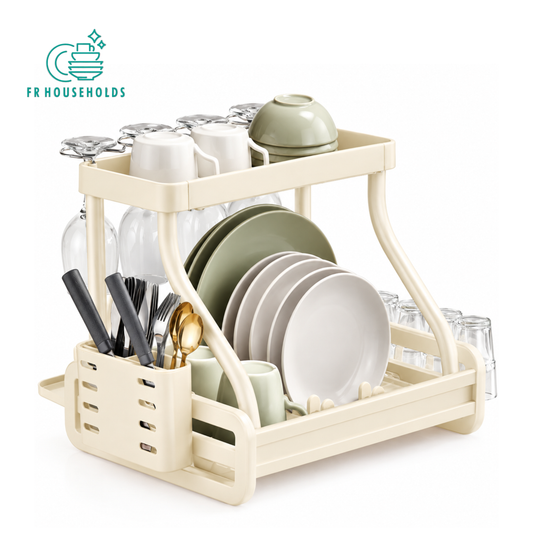 2-Tier Aluminium Dish Drying Rack with Cutlery Holder & Glass Hooks