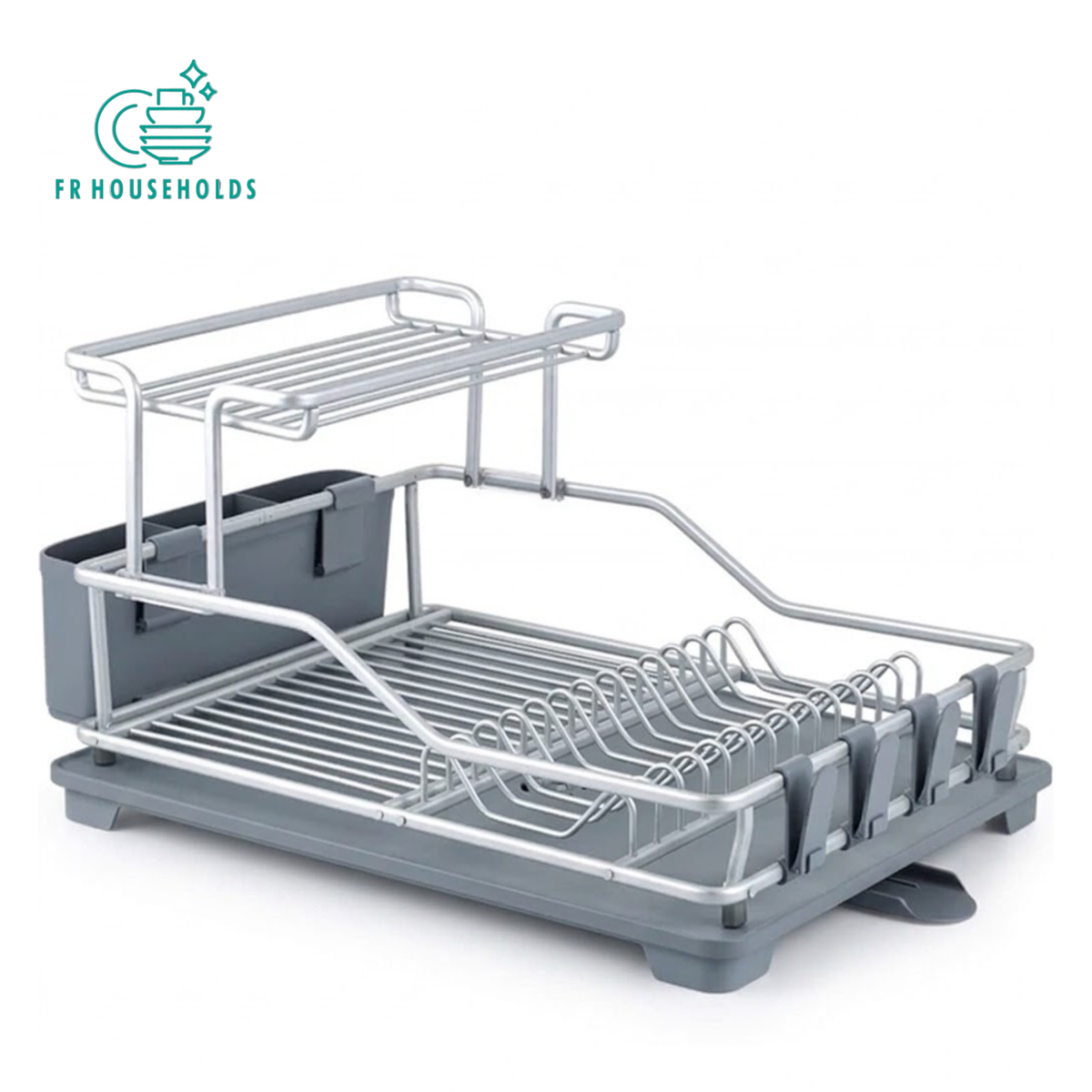 2-Tier Aluminium Dish Drying Rack with Cutlery Holder & Glass Hooks