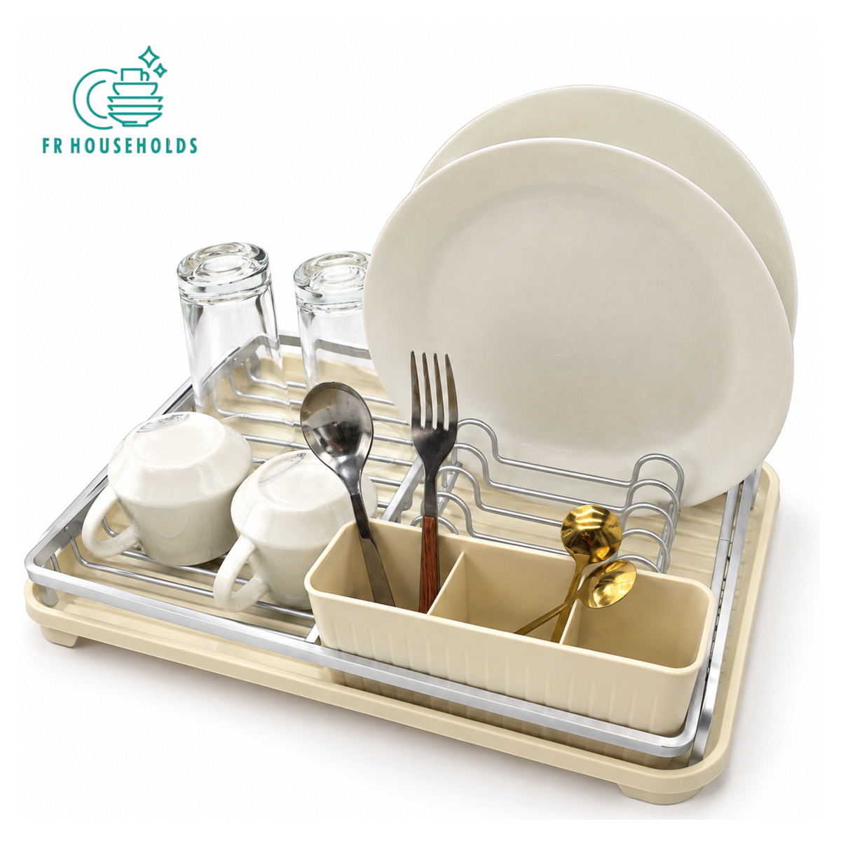 Single-Tier Compact Aluminium Dish Drying Rack with Cutlery Holder & Drip Tray