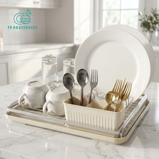 Single-Tier Compact Aluminium Dish Drying Rack with Cutlery Holder & Drip Tray
