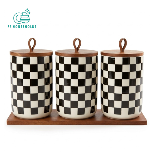 3-Piece Luxury Checkered Ceramic Canister Set with Wooden Lids & Tray
