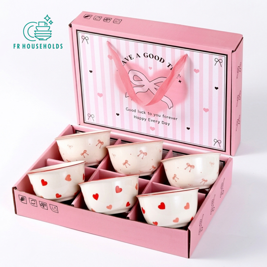 6-Piece Mixed Heart & Bow Ceramic Bowl Gift Set with Pink Presentation Box