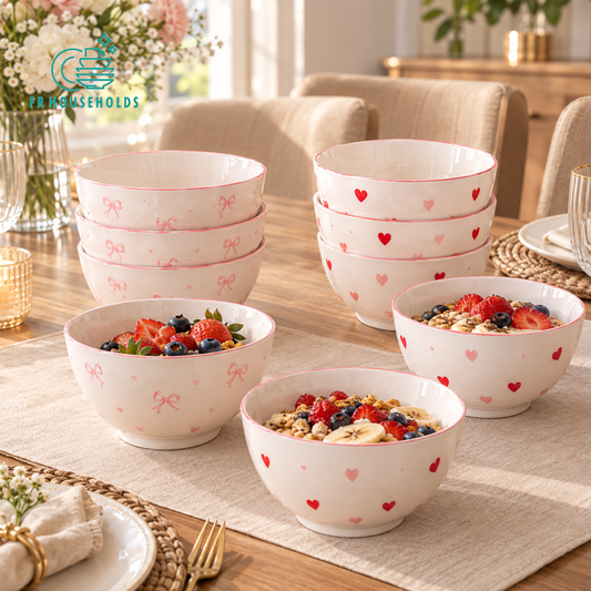 6-Piece Mixed Heart & Bow Ceramic Bowl Gift Set with Pink Presentation Box