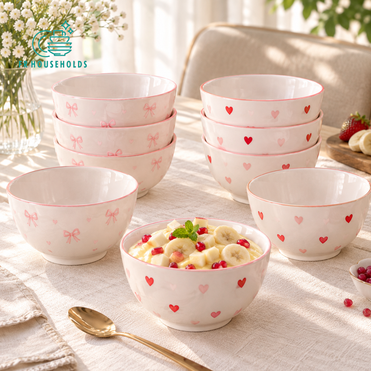 6-Piece Mixed Heart & Bow Ceramic Bowl Gift Set with Pink Presentation Box