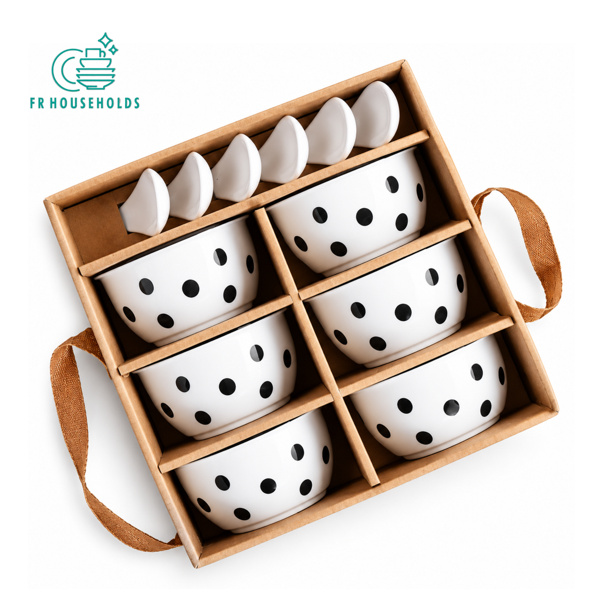 12-Piece Black Polka Dot Ceramic Bowl & Spoon Gift Set with Kraft Box