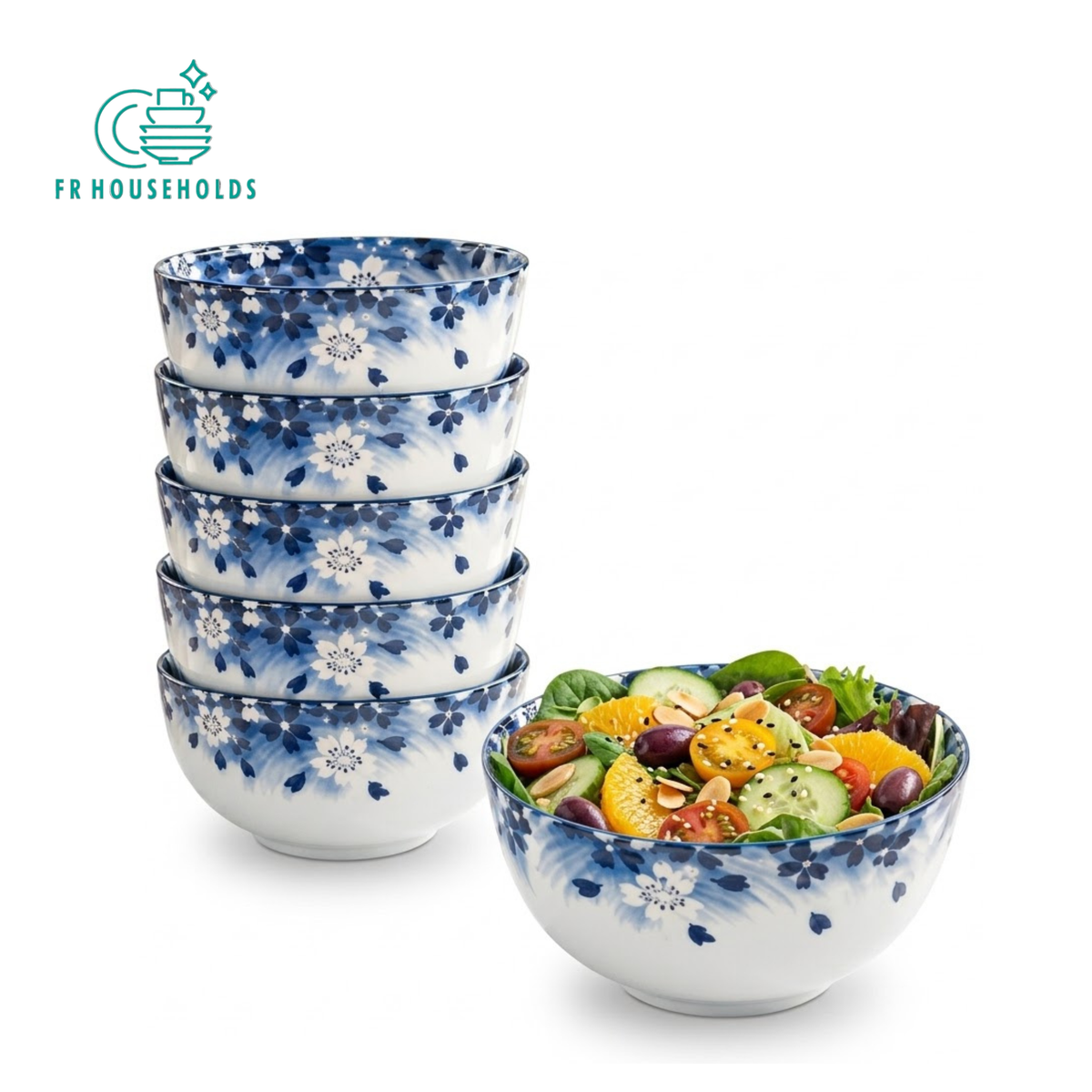 6-Piece Hand-Painted Japanese Sakura Ceramic Bowl Gift Set (Blue Box)