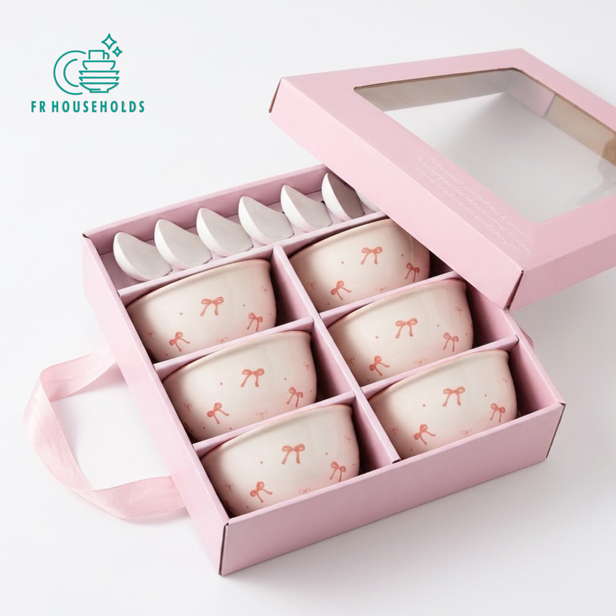 12-Piece Bow Ceramic Bowl & Spoon Gift Set with Pink Presentation Box