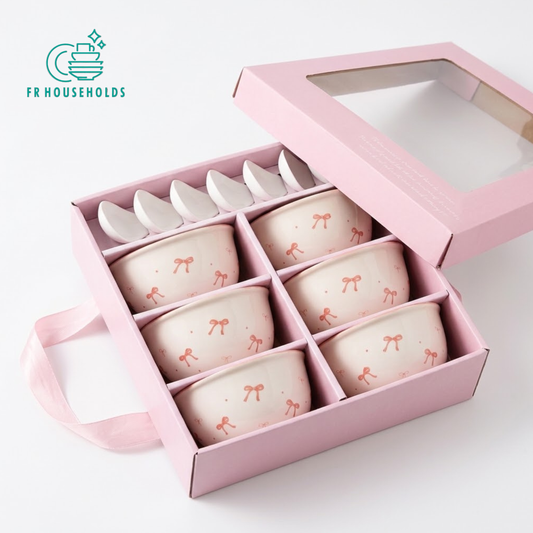 12-Piece Bow Ceramic Bowl & Spoon Gift Set with Pink Presentation Box