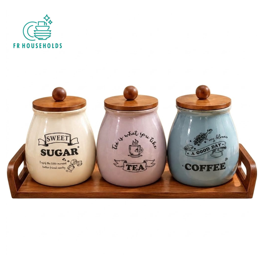 3-Piece Ceramic Tea, Sugar & Coffee Canister Set with Wooden Tray