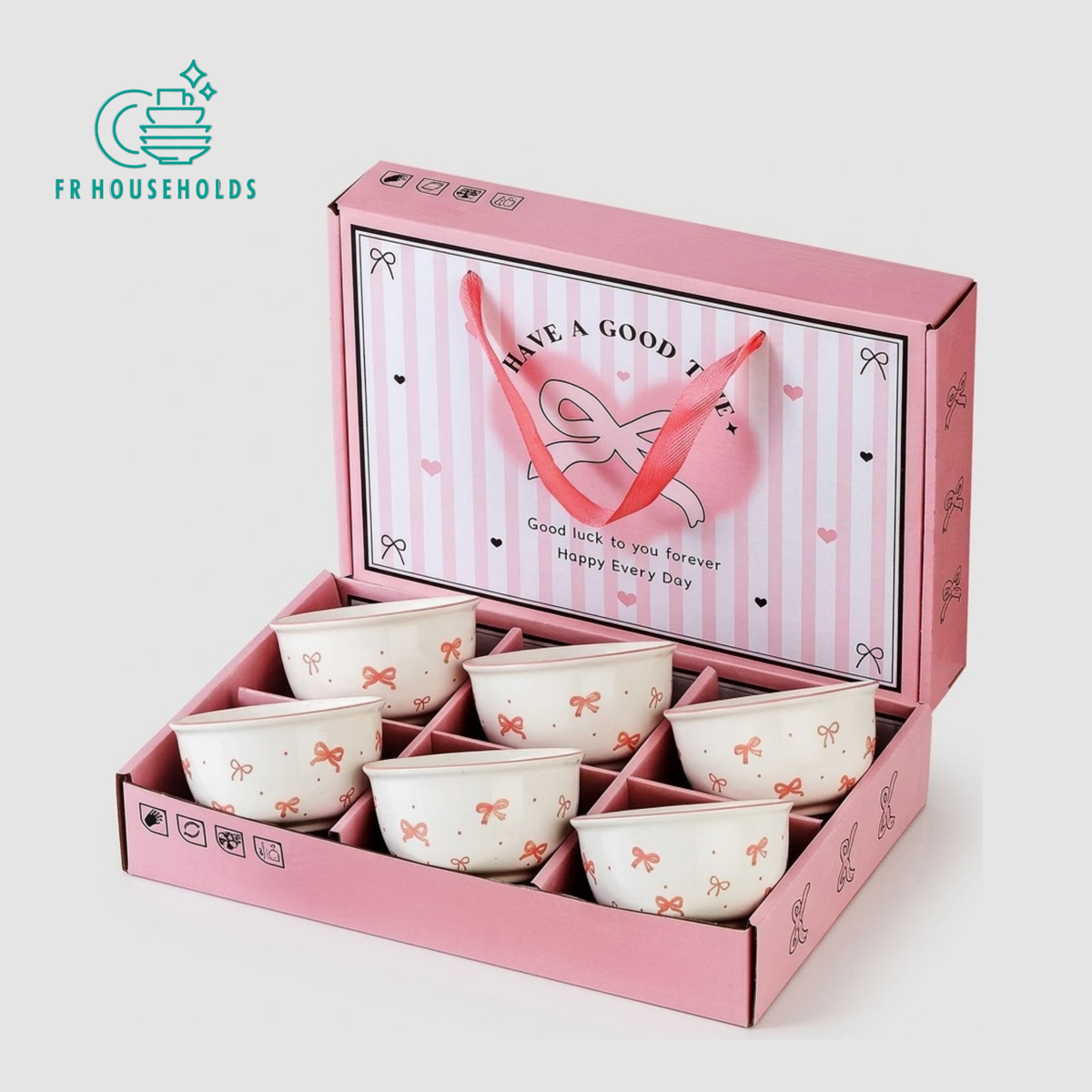 6-Piece Bow Ceramic Bowl Gift Set with Pink Presentation Box