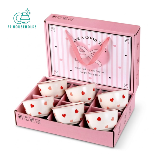 6-Piece Red & Pink Heart Ceramic Bowl Gift Set with Pink Presentation Box