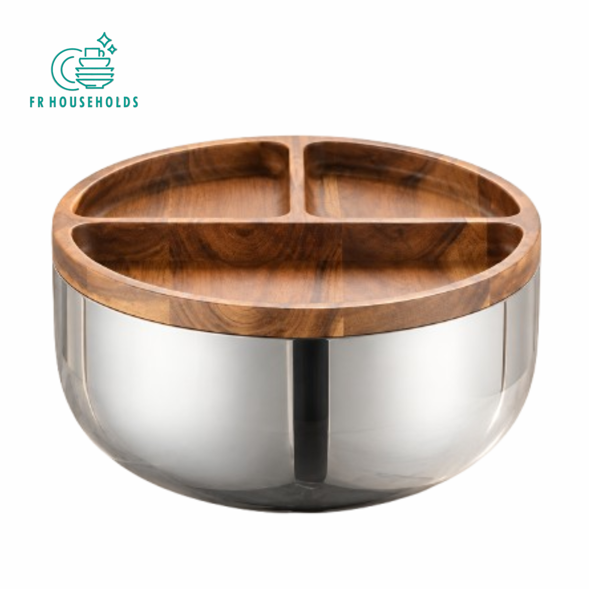 Dual-Serve Stainless Steel Bowl with 3-Compartment Solid Wood Platter Lid
