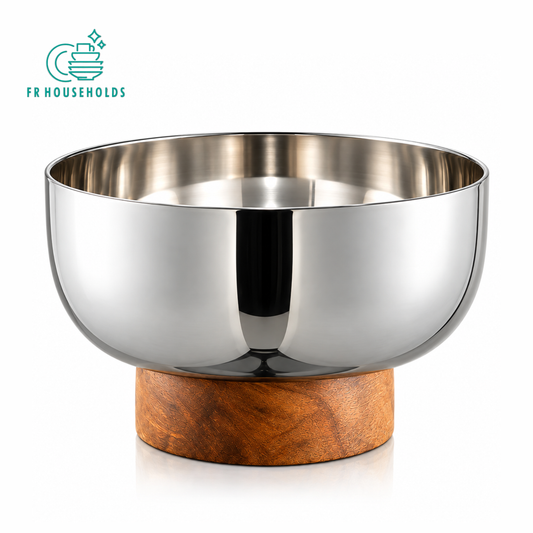 Elevated Stainless Steel Pedestal Serving Bowl with Wooden Base (16.5 x 9.4 cm)