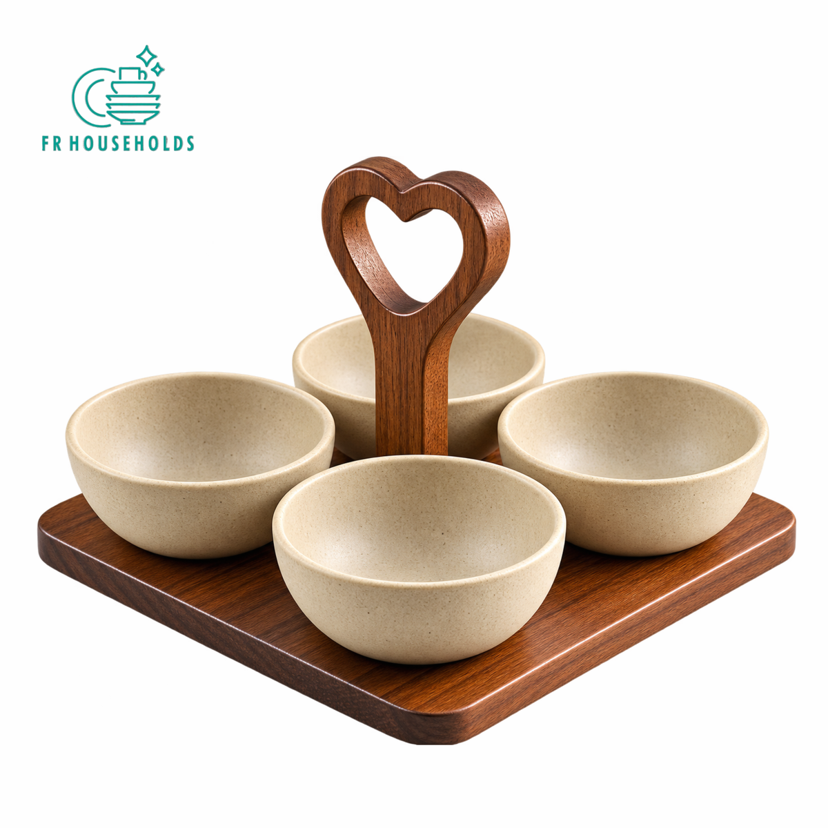 4 Bowl Snack Serving Tray with Heart-Shaped Wooden Handle
