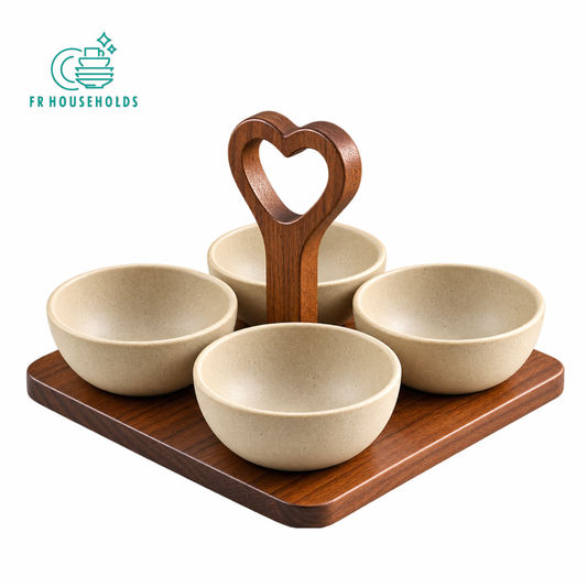4 Bowl Snack Serving Tray with Heart-Shaped Wooden Handle