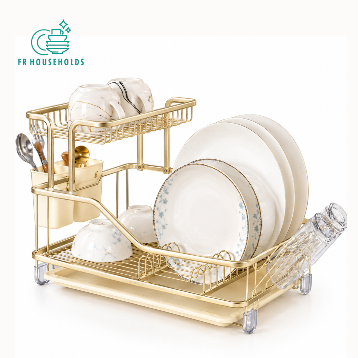 2-Tier Luxury Gold Aluminium Dish Drying Rack with Cutlery Holder & Drain Tray