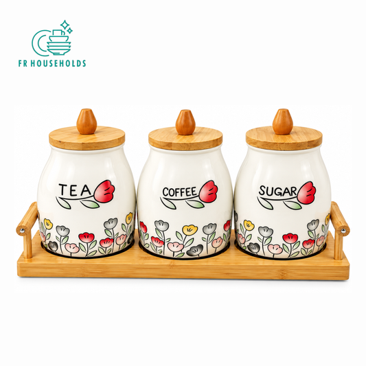 3-Piece Floral Ceramic Kitchen Storage Canister Set with Wooden Tray & Bamboo Lids