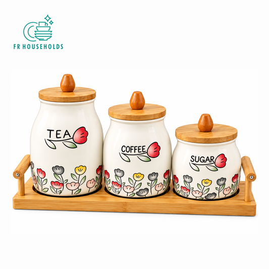 3-Piece Floral Ceramic Kitchen Storage Canister Set with Wooden Tray & Bamboo Lids