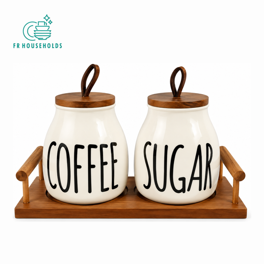 2-Piece Airtight Coffee & Sugar Ceramic Jar Set with Bamboo Rack