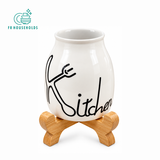 Ceramic Kitchen Utensil Holder with Wooden Stand