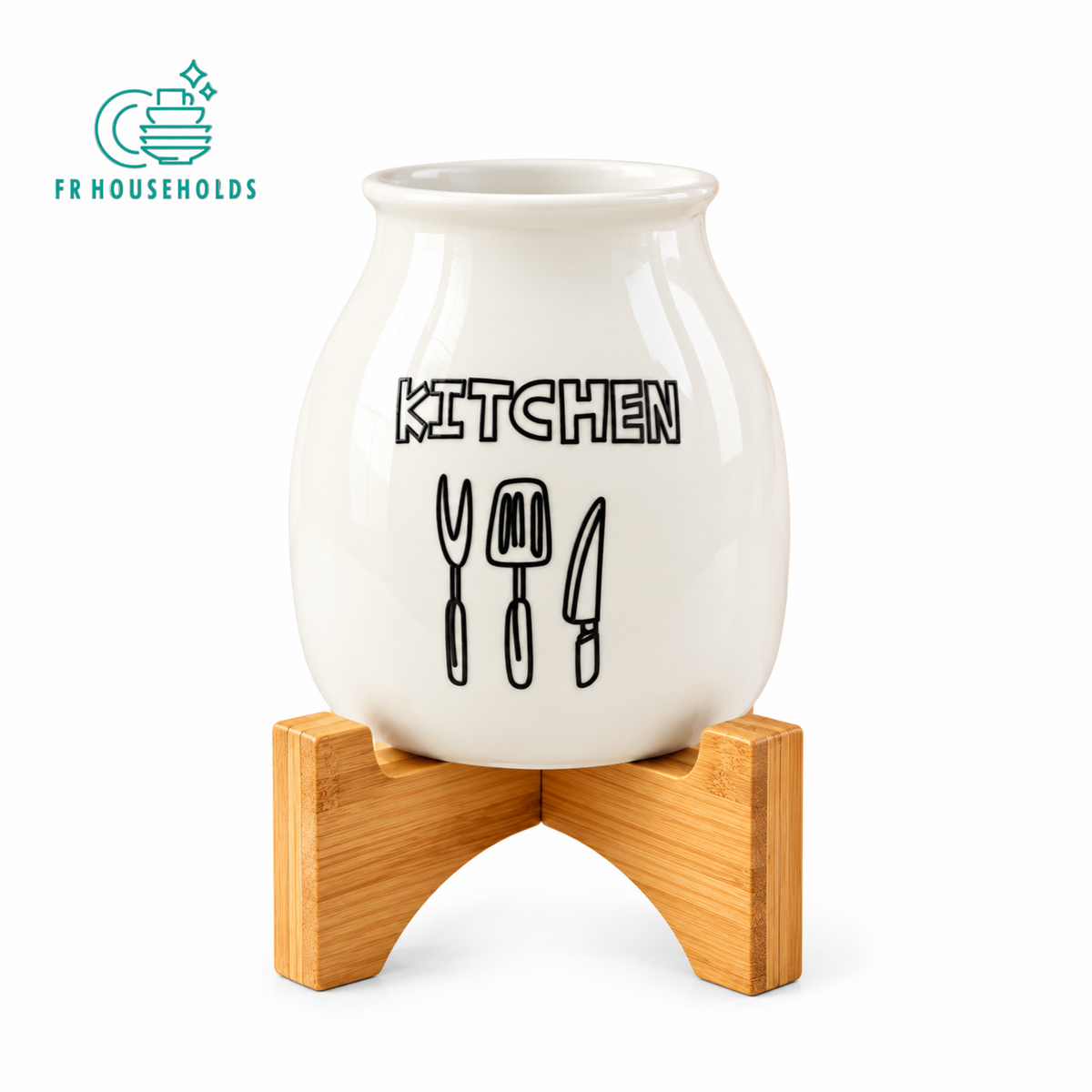 Ceramic Kitchen Utensil Holder with Wooden Stand