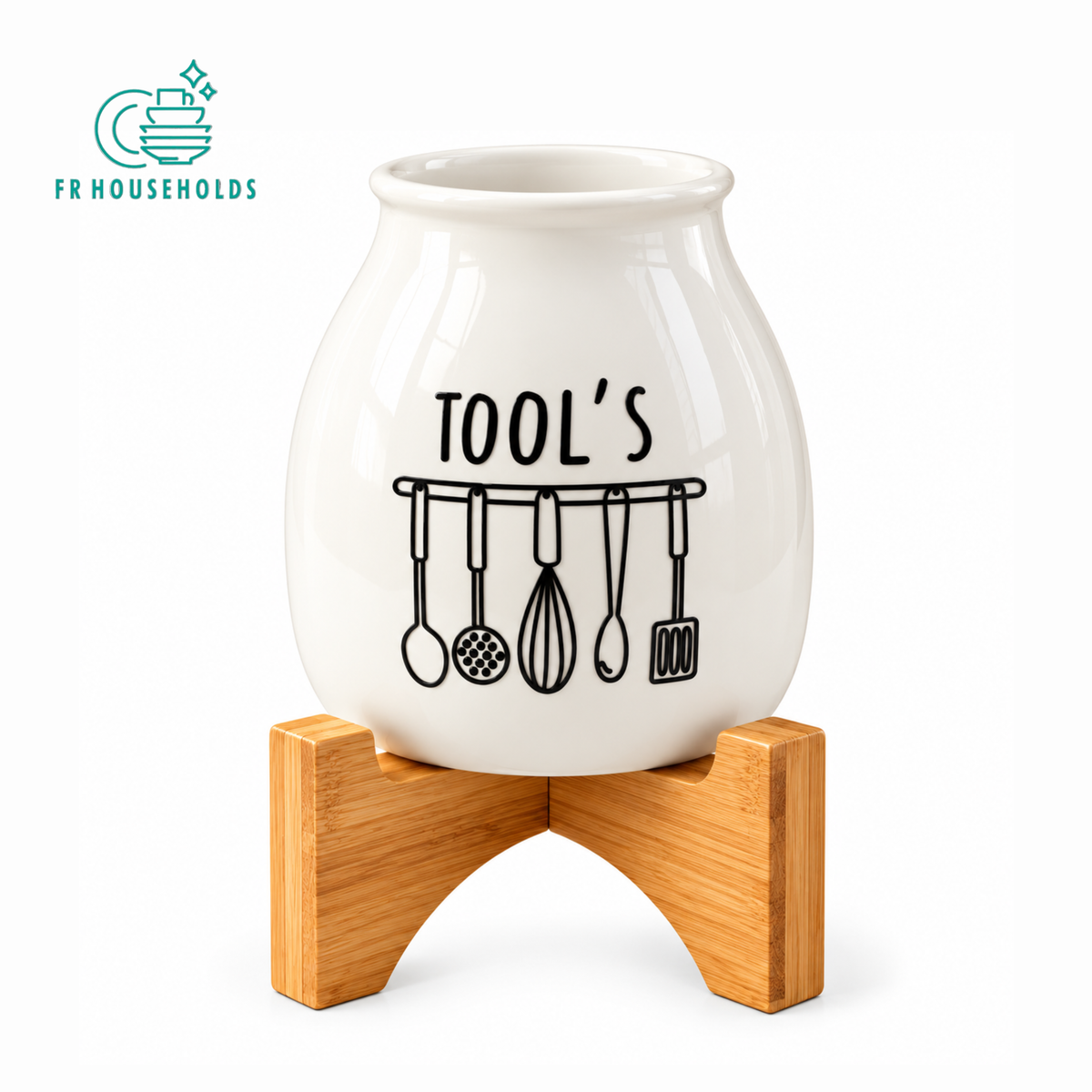 Ceramic Kitchen Tool Utensil Holder with Wooden Stand