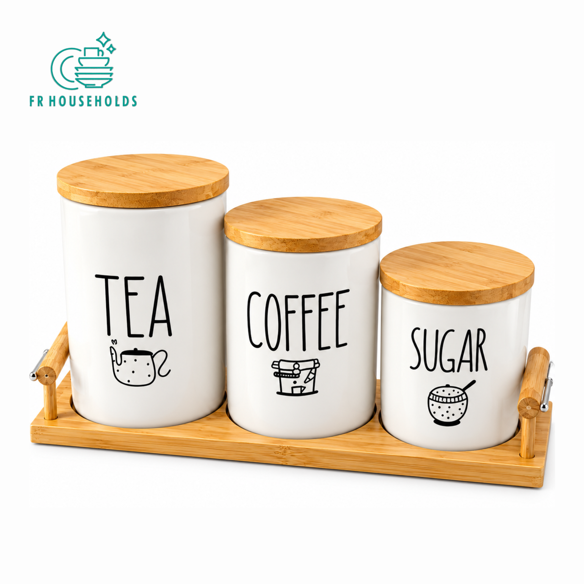 White Ceramic Tea, Coffee & Sugar Canister Set with Wooden Tray (Set of 3)