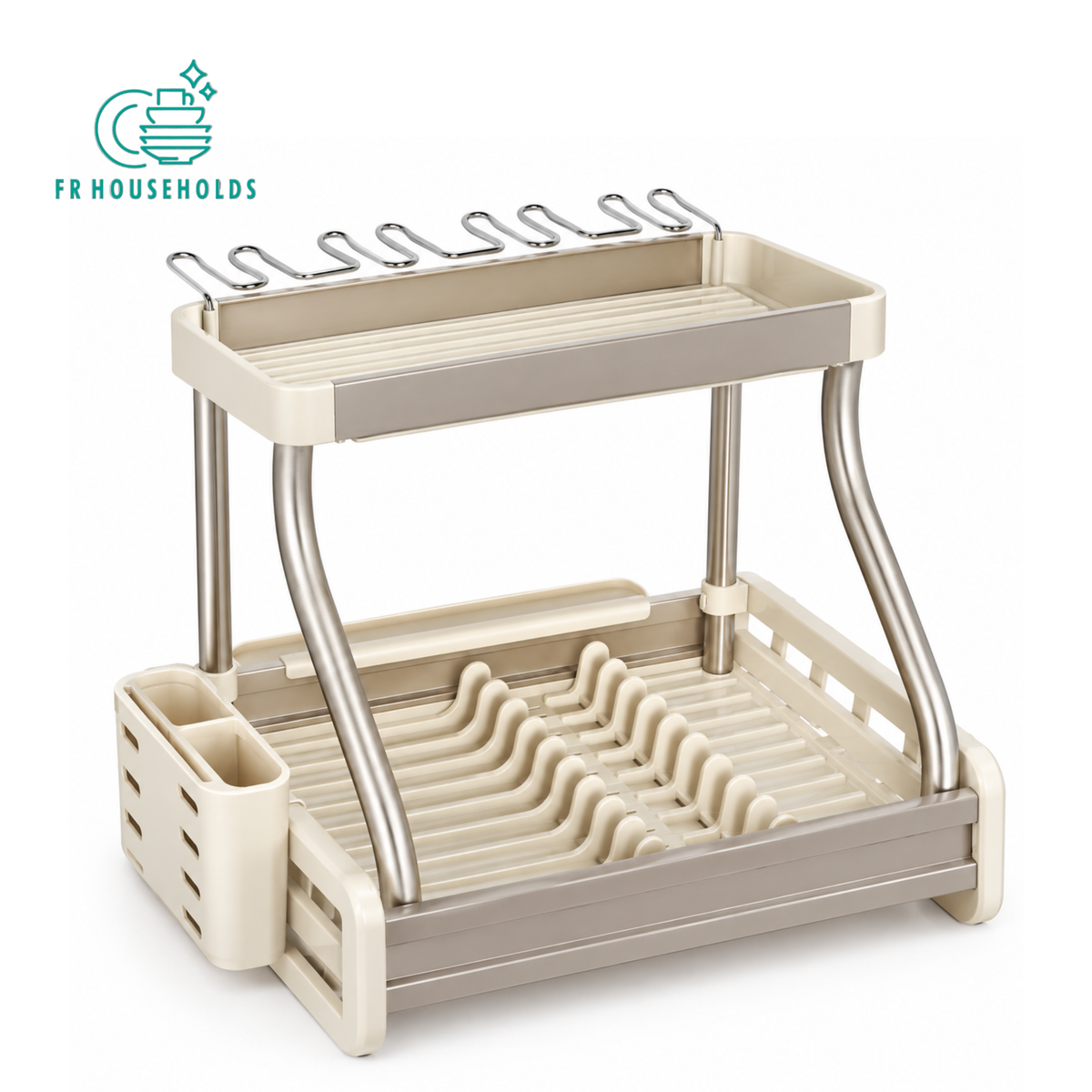 2-Tier Aluminium Dish Drying Rack with Cutlery Holder & Glass Hooks