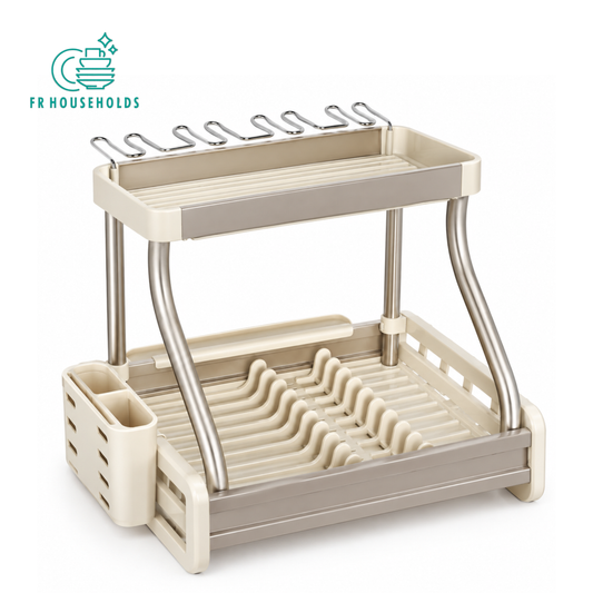 2-Tier Aluminium Dish Drying Rack with Cutlery Holder & Glass Hooks