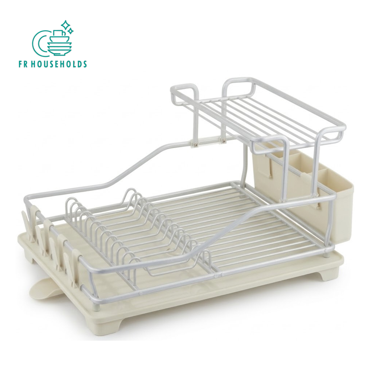 2 Tier Aluminium Dish Drying Rack with Drainer Tray & Utensil Holder