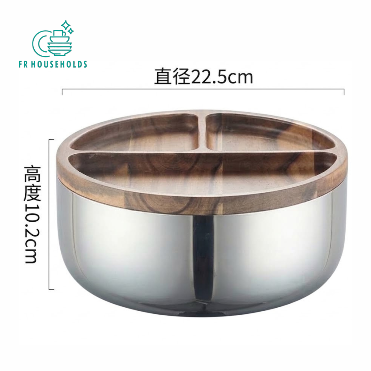 Dual-Serve Stainless Steel Bowl with 3-Compartment Solid Wood Platter Lid