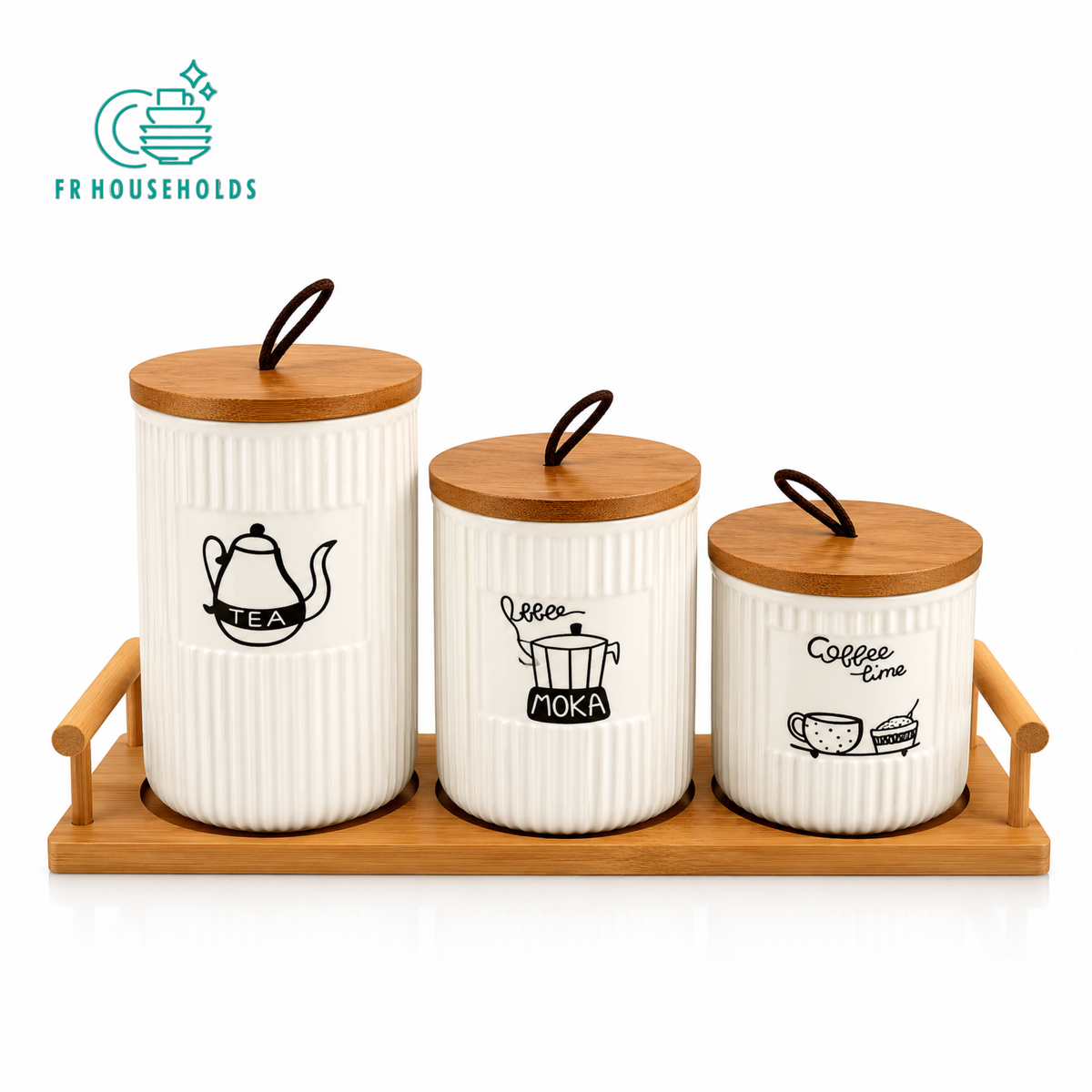 Ceramic tea coffee canister set with wooden tray