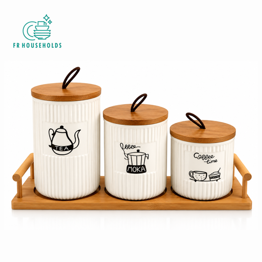 Ceramic tea coffee canister set with wooden tray