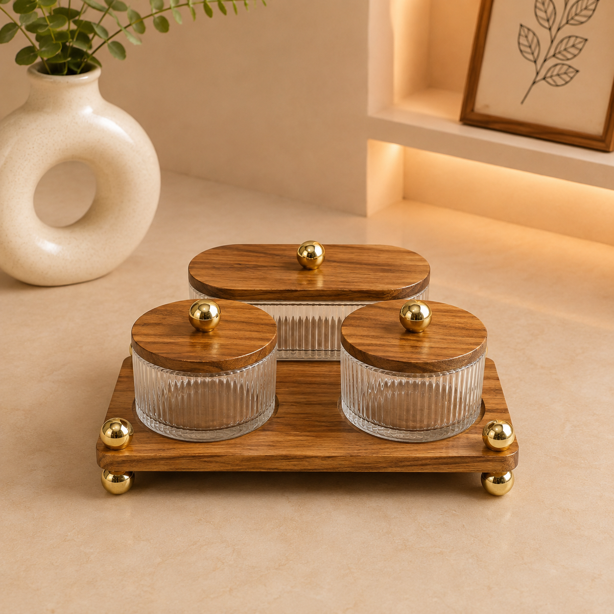 3-Piece Ribbed Glass Dry Fruit & Snack Jar Set with Wooden Tray