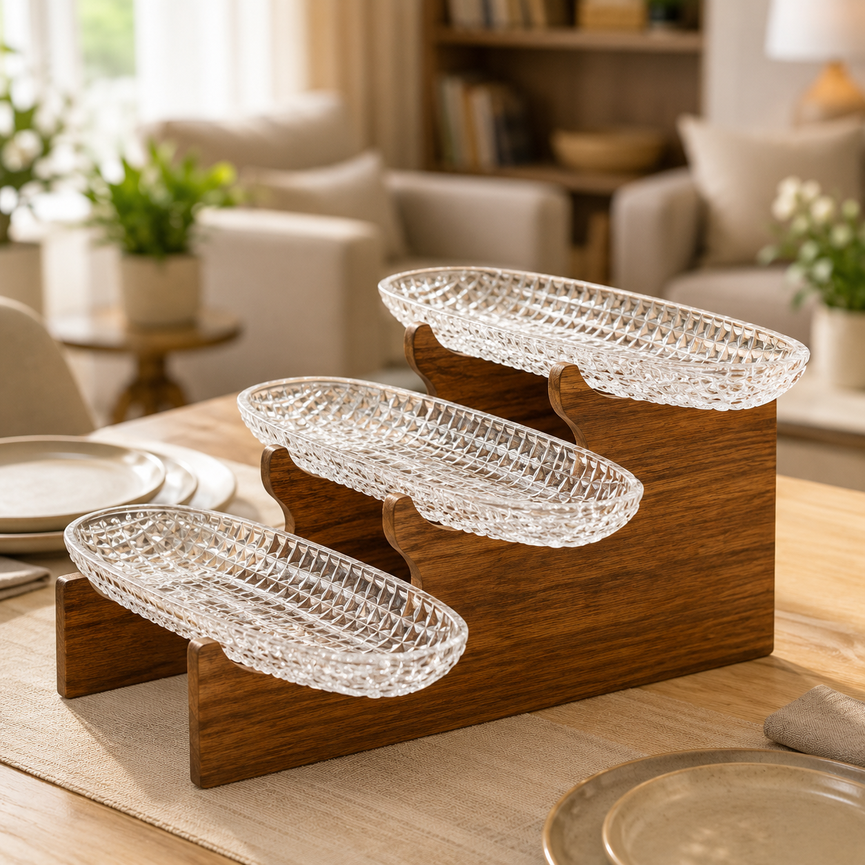 3-Tier Crystal Glass Serving Platter Set with Wooden Stand