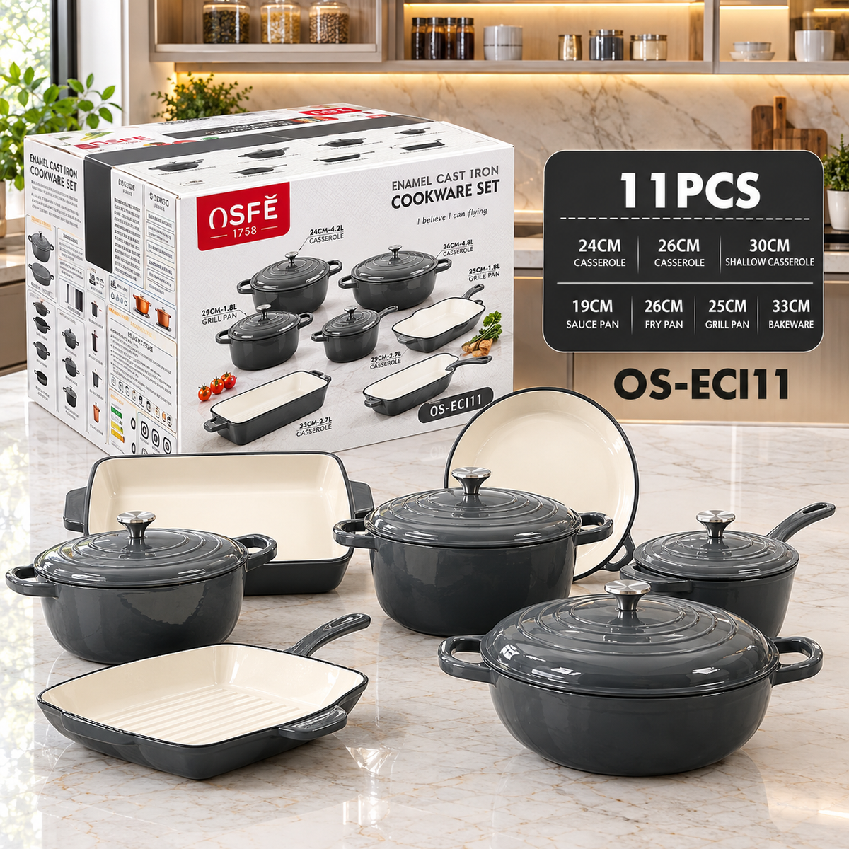 OSFĒ 11-Piece Enamel Cast Iron Cookware Set
