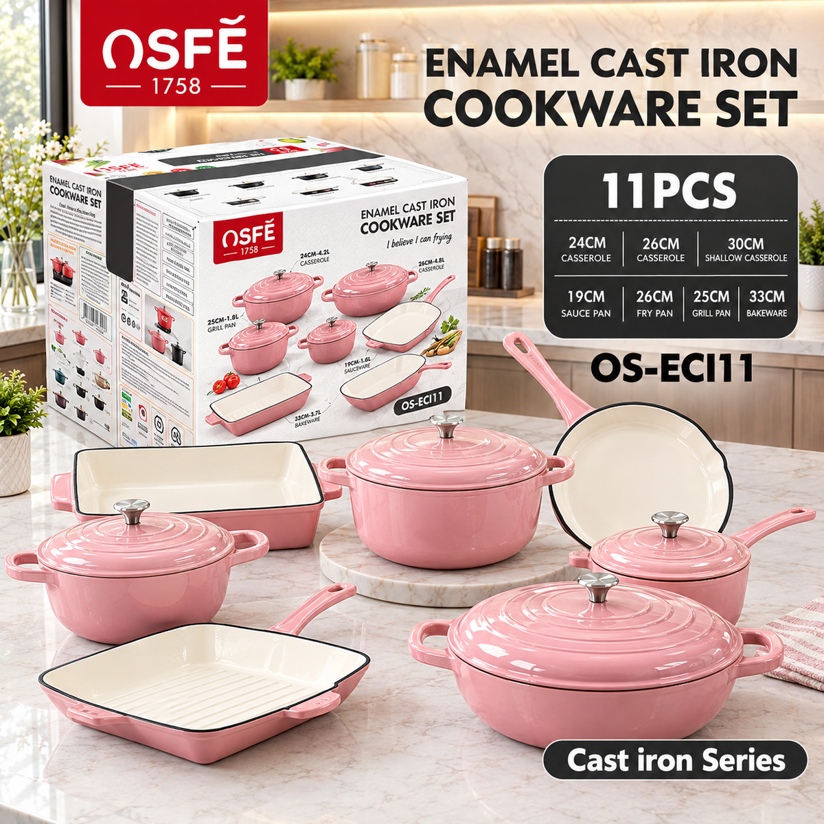 OSFĒ 11-Piece Enamel Cast Iron Cookware Set