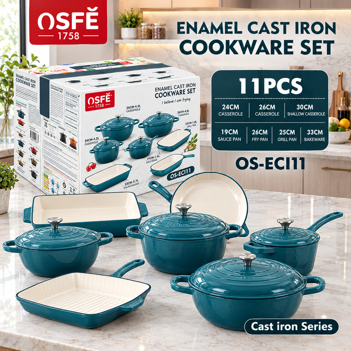 OSFĒ 11-Piece Enamel Cast Iron Cookware Set