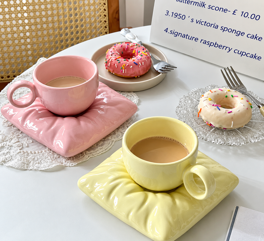 Ceramic Coffee Mug & Saucer Set with Pillow-Shaped Saucer