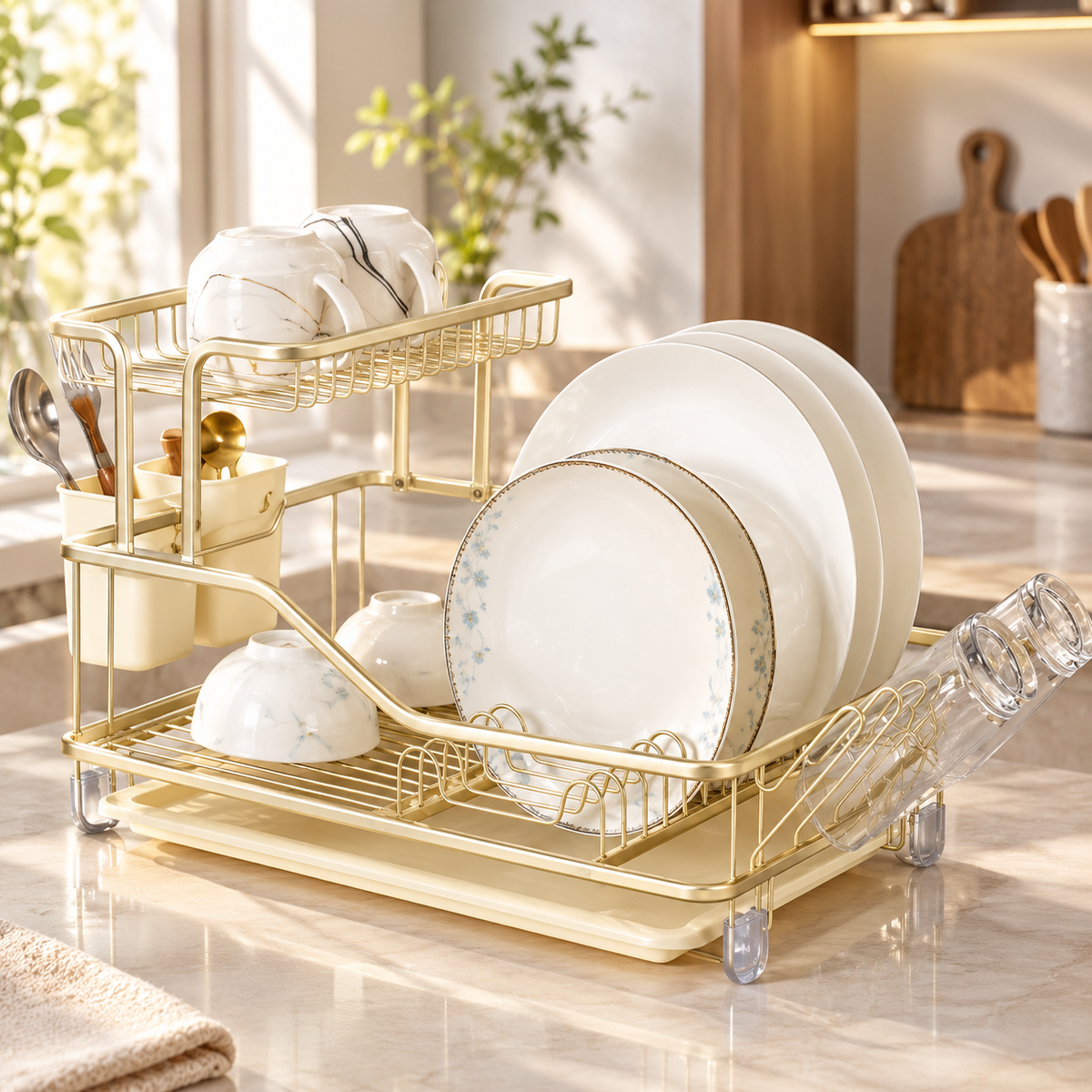 2-Tier Luxury Gold Aluminium Dish Drying Rack with Cutlery Holder & Drain Tray