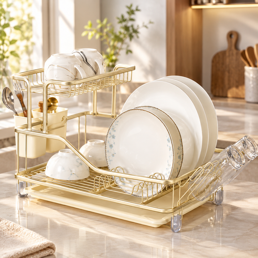 2-Tier Luxury Gold Aluminium Dish Drying Rack with Cutlery Holder & Drain Tray