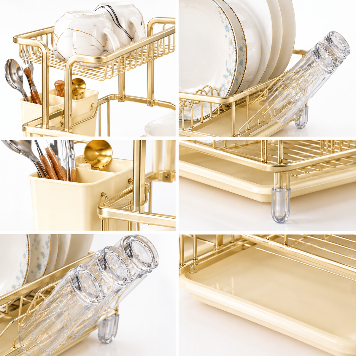 2-Tier Luxury Gold Aluminium Dish Drying Rack with Cutlery Holder & Drain Tray